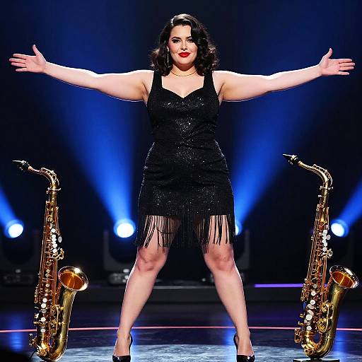 Photograph of a plus-sized woman with curly black hair, red lipstick, black fringed dress, standing with arms outstretched, flanked by