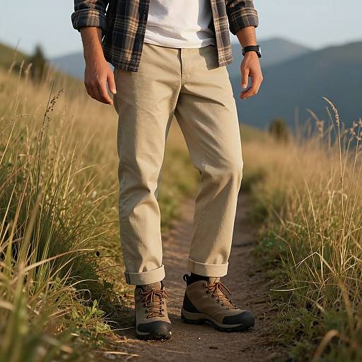Photograph of a man standing on a dirt path in a grassy field, wearing beige pants, brown boots, plaid shirt, white t-shirt