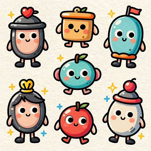 Cute digital illustration of six kawaii fruit and hat characters with black outlines, blushing cheeks, and sparkling eyes, arranged in two rows on a