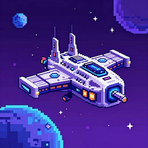 Pixel art of a futuristic white space fighter with blue and orange lights, flying between two blue planets in a starry purple cosmos.