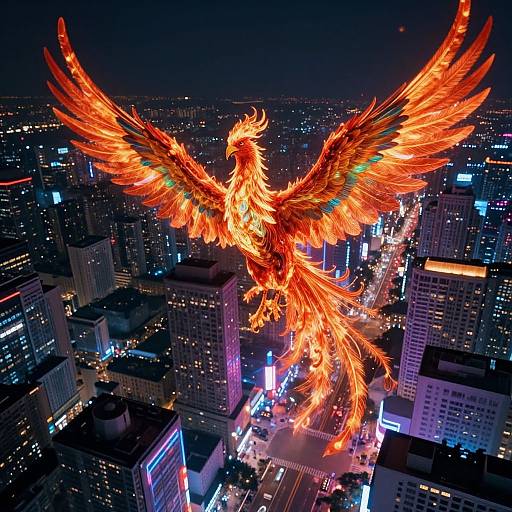 Digital artwork of a radiant, fiery phoenix with outstretched wings soaring over a bustling, neon-lit cityscape at night.