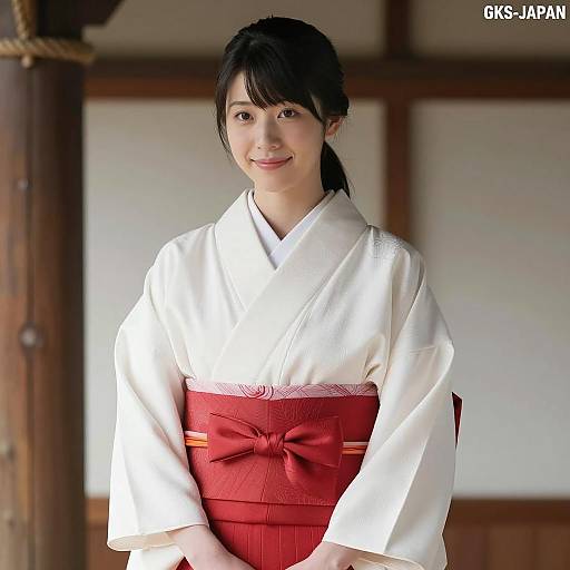 Asian Woman in White Kimono and Red Hakama