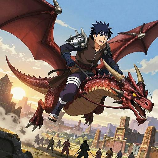 Anime-style drawing: Blue-haired boy with black armor rides red dragon over cityscape at sunset, surrounded by small, distant figures.