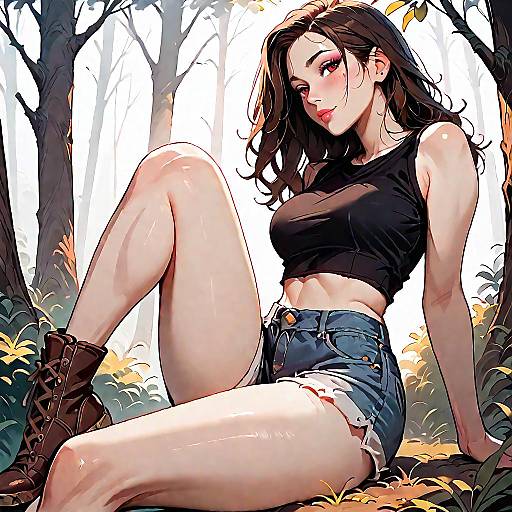 Woman in Crop Top and Denim Shorts in Sunlit Forest