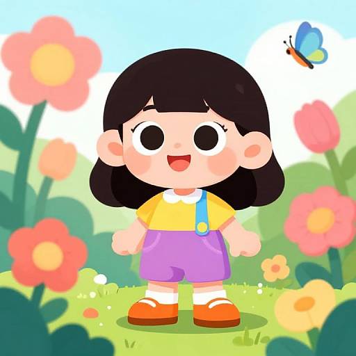 Cartoon girl with black hair, yellow shirt, purple overalls, red shoes, smiling, standing in colorful flower field, blue butterfly above.