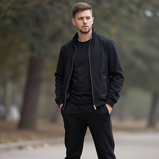 Photograph of a handsome, bearded man with short brown hair, wearing a black jacket and pants, standing with hands in pockets in a blurred,