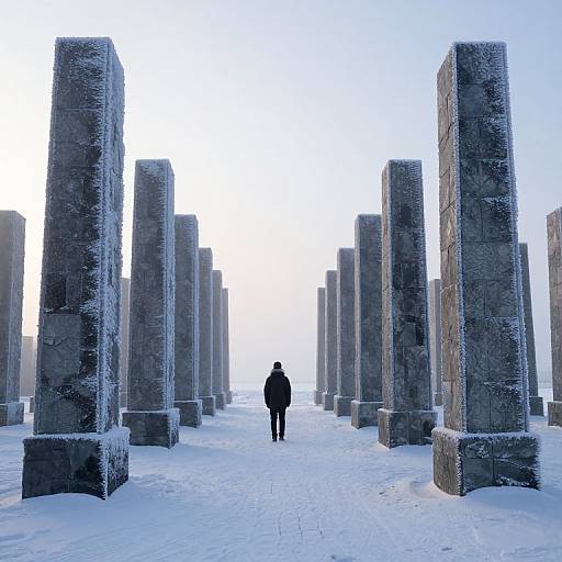 Solitary Figure in Snowy Stone Maze
