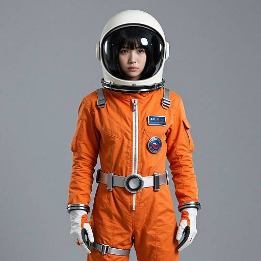 Realistic Solo Girl in Orange Spacesuit