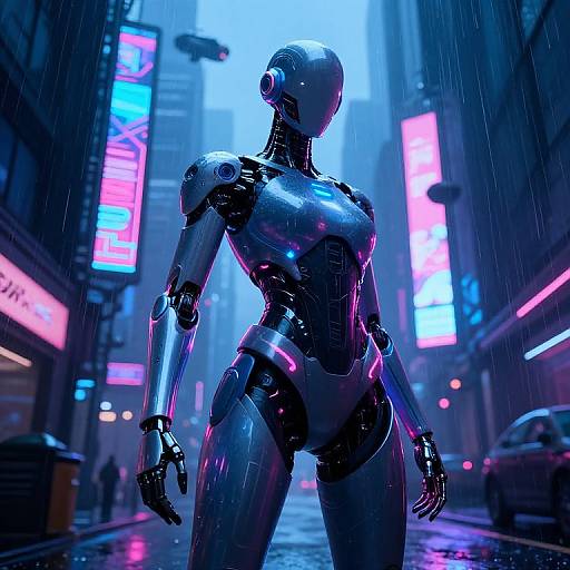 CGI image of a shiny, humanoid robot standing in a neon-lit, rainy urban street, with vibrant blue and pink signs.