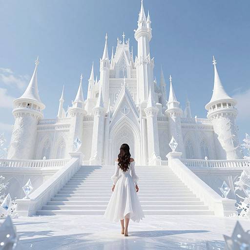 Digital art: A woman in a white dress ascends glowing white castle steps, facing forward, under a bright blue sky.
