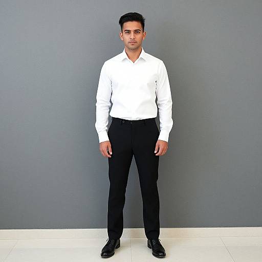 Photograph of a serious-looking South Asian man with short black hair, wearing a white dress shirt, black pants, and black shoes, standing against a