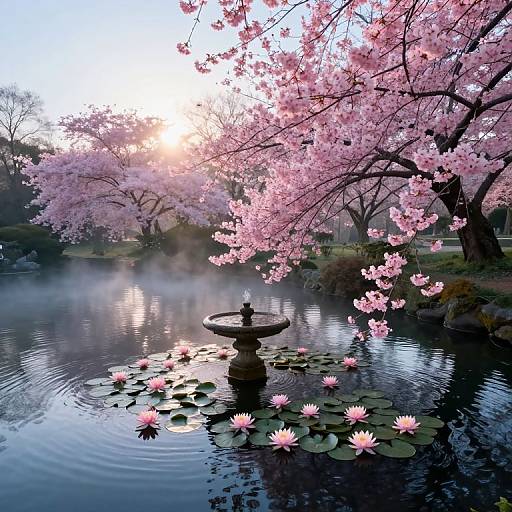 Photograph of a serene pond with pink cherry blossoms, a stone fountain, and lotus flowers, bathed in morning sunlight.