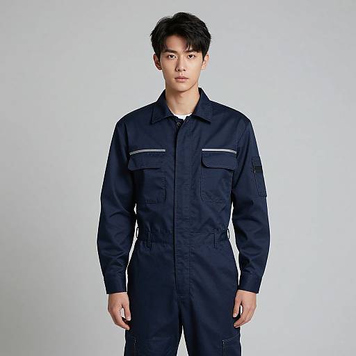 Photograph of an Asian man with short black hair, wearing a dark blue, long-sleeve work jumpsuit, standing against a plain white background
