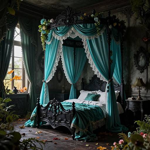 Photograph of a dark, Victorian-style bedroom with an ornate black wrought-iron canopy bed, turquoise lace-draped curtains, and autumn leaves