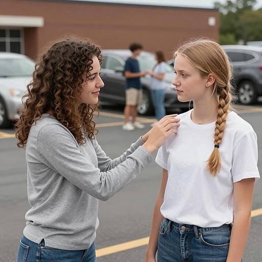Two Young Women Interacting in Parking Lot