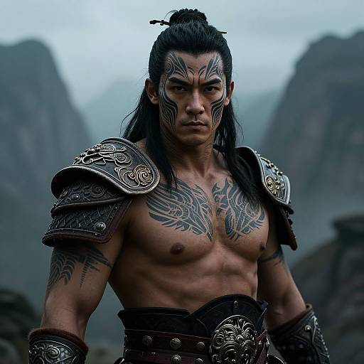 Photorealistic CGI of a muscular, tattooed, Asian warrior with long black hair, wearing ornate armor and tribal tattoos, standing in a mist