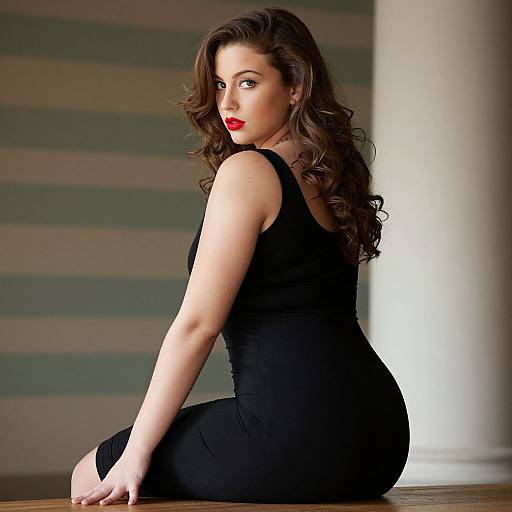 Photograph of a curvy woman with long, wavy brown hair, red lipstick, and black sleeveless dress, seated on a wooden surface,