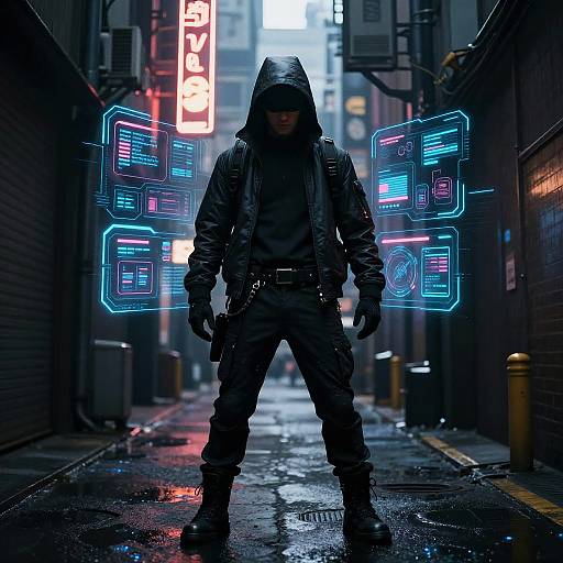 Cyberpunk alley scene: hooded figure in dark rain gear, neon blue and red holographic signs, wet street, urban, moody,