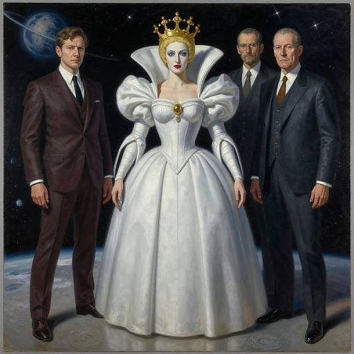 Photograph-style digital artwork of a fair-skinned woman in a white, puffed-sleeve gown with golden crown, flanked by two men
