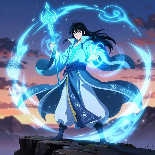 Anime-style digital artwork of a black-haired mage in a blue and white robe, holding a glowing staff, surrounded by magical blue circles, standing on a