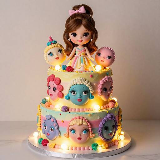 Photograph of a colorful, two-tiered cake decorated with fondant faces, illuminated by small lights, topped with a cartoon girl in a pink bow