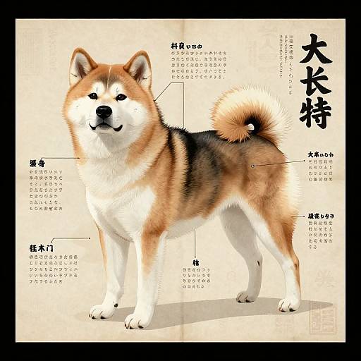 Digital drawing of a fluffy, brown and white Akita dog with Japanese text labels highlighting its features, set against a beige background.