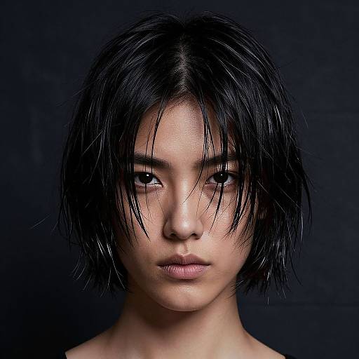 Glossy Wet-Look Wavy Black Hair