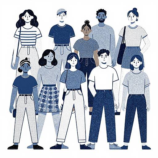 Illustration of diverse family group in blue and white dot pattern, standing together, wearing casual clothes, various ages, and ethnicities.