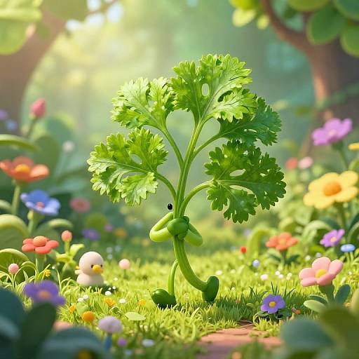 CGI cartoon image of a smiling green plant with curly stem and leafy top in colorful, sunlit garden with flowers.