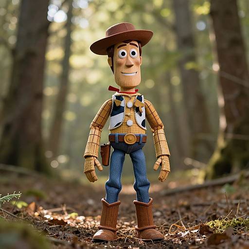 3D CGI image of Woody from Toy Story as a cowboy, standing in a sunlit forest, wearing a brown hat, plaid shirt, jeans