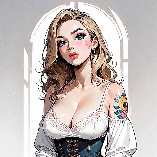 Blonde Woman in Denim Corset with Tattoo