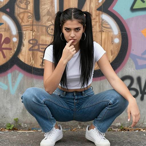 Young woman in urban streetwear squatting