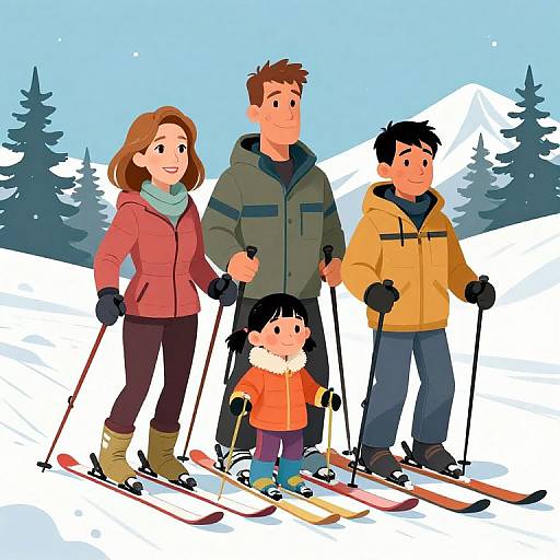 Cartoon-style digital illustration of a family skiing together in a snowy, mountainous forest. Parents and child wear colorful winter gear, holding ski poles,