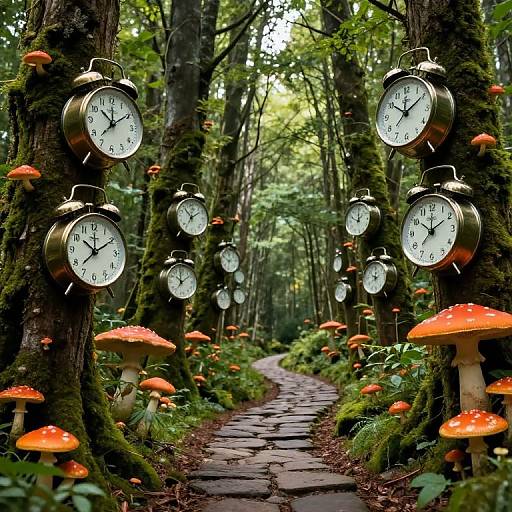 Photograph of a forest path lined with clock faces on trees, surrounded by orange mushrooms and moss-covered trunks.