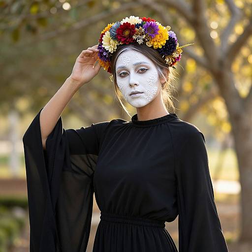 Photograph of a woman with white face paint, black dress, and colorful flower crown, standing in a sunlit, blurred forest.