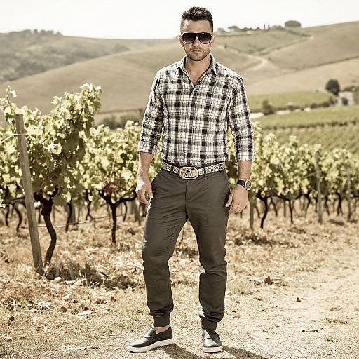 Photograph of a muscular man with short dark hair, beard, wearing sunglasses, black plaid shirt, black pants, belt, and sneakers, standing