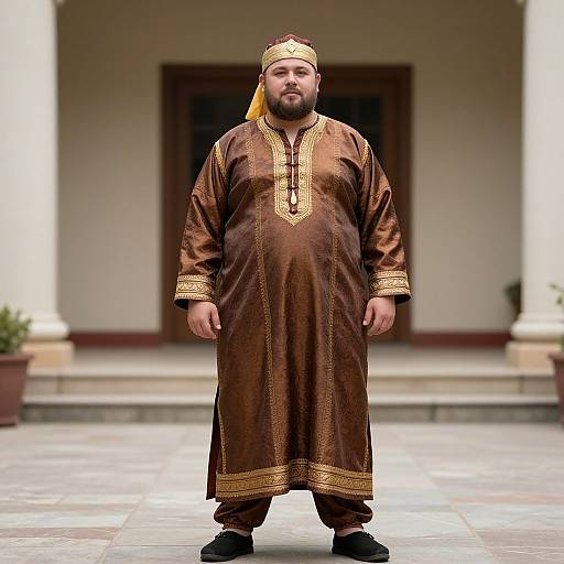 Photograph of a bearded man with a brown beard, wearing a brown traditional long tunic with gold embroidery, and a matching headscarf,