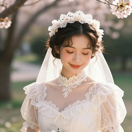 Photograph of a beautiful Asian bride with fair skin, closed eyes, and a gentle smile, wearing a white lace dress and veil, illuminated by sunlight