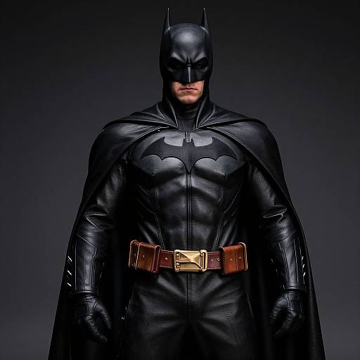 Photograph of Batman in a black leather suit with a bat emblem, black cowl, red belt with gold buckle, and dark gradient background.