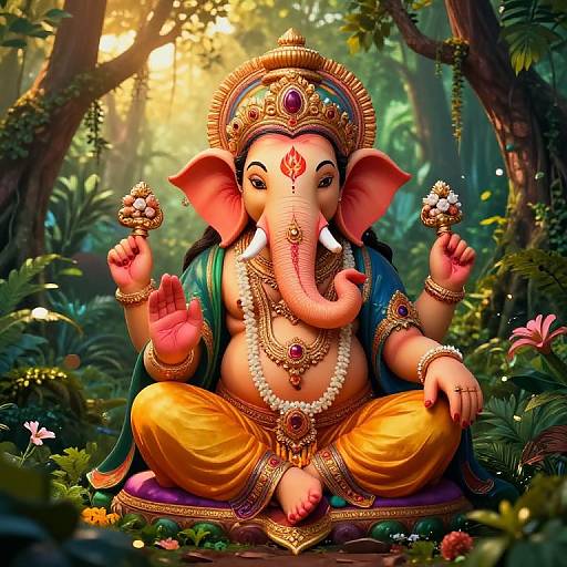 Digital art of Ganesha sitting in a lush forest, adorned with gold jewelry and holding flowers, with vibrant colors and sunlight filtering through trees.