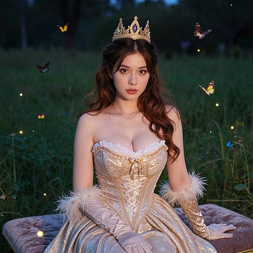 Photograph of an Asian woman with long brown hair, wearing a gold crown, white lace corset dress, and fur-trimmed gloves, surrounded