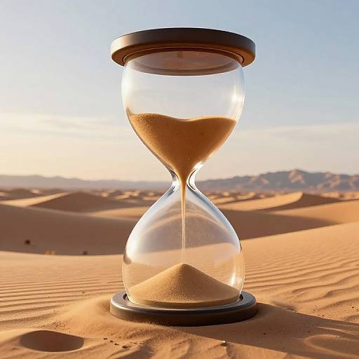Photograph of a clear glass hourglass with sand, standing on a desert dune, with sunlit, golden-orange sand dunes and mountains in