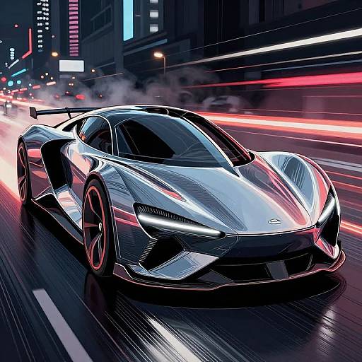 Digital artwork of a sleek, silver, high-performance sports car speeding through a neon-lit, urban night cityscape with blurred red lights.