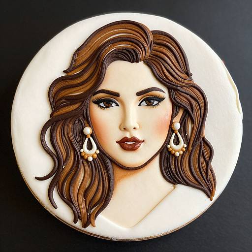Photorealistic cake portrait of a woman with wavy brown hair, dark lipstick, and teardrop earrings, set against a white circular background.