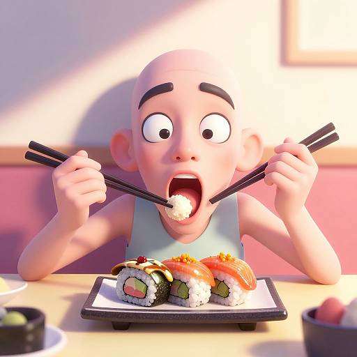 CGI animation of a bald, wide-eyed child with big eyebrows eagerly eating sushi with chopsticks, mouth open wide, colorful sushi on plate in front