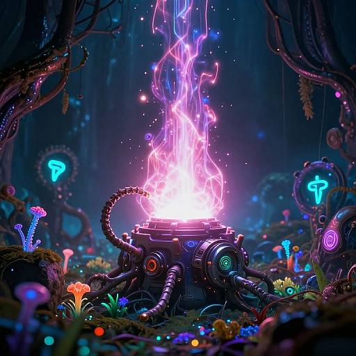 Digital art: glowing, neon purple fire erupts from a metallic, robotic device in a dark, surreal forest with colorful, bioluminescent mushrooms