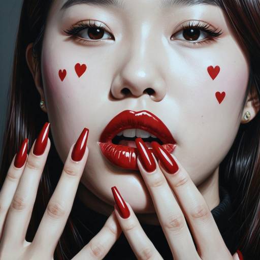 Glossy Red Lips and Nails with Heart Face Art