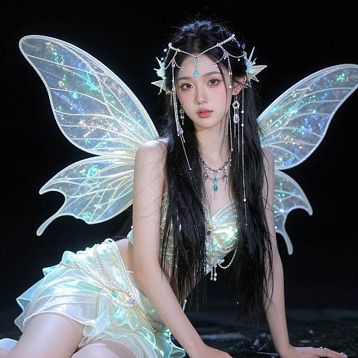 Photograph of an ethereal East Asian woman with long black hair, wearing glowing fairy wings, a luminous white dress, and starhead headpiece