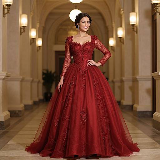 Photograph of a smiling woman in a full-length, red lace ball gown with long sleeves, standing in an elegant, warmly lit hallway.
