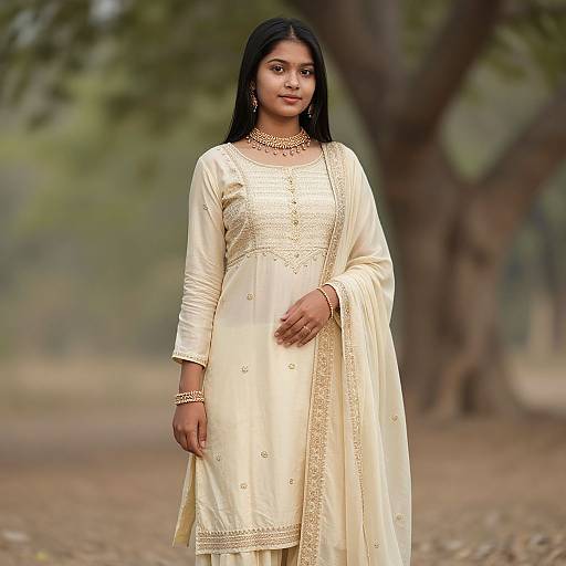 Photograph of an Indian woman with long black hair, wearing a cream-colored embroidered kurti and dupatta, standing outdoors with a blurred tree background